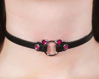 Katze Ring Choker / Halsband / Halskette Leder Schwarz / Rosa / Niedlich / Kitty / Unisex / Mädchen / Cosplay / Anime / Kawaii / Anhänger /