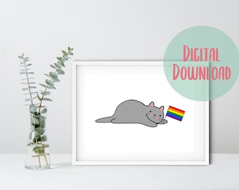 Rainbow Pride Flag Cat Art - LGBTQ Pride Art - Digital Download - Printable Art - Home Decor