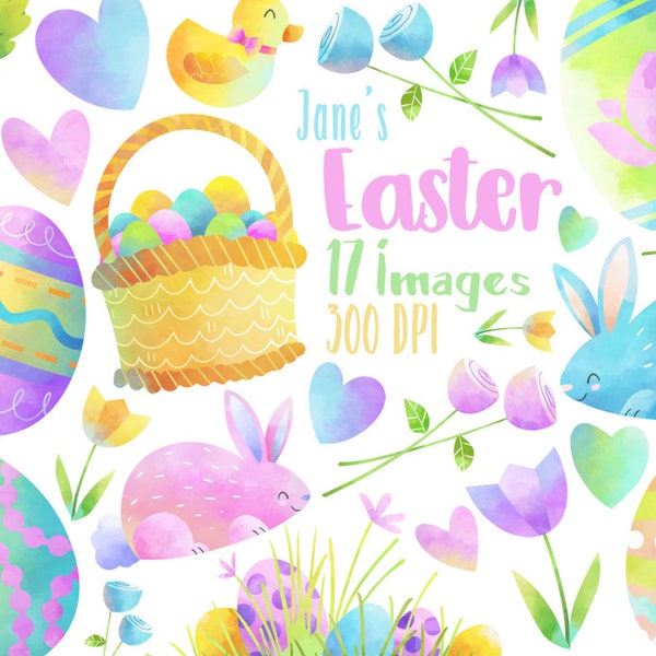 Watercolor Easter Clipart - Instant Download - Easter Download - Bunny - Duckling - Tulips - Pastel Eggs - Easter Basket - Cute Duckling