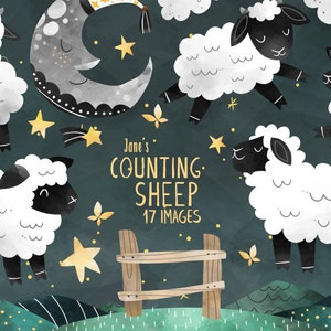 Clipart di pecore acquerellate - Download per andare a letto - Download istantaneo - Contare le pecore - Sonnolento - Luna - Colline - Cielo notturno - Disegnato a mano