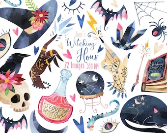 Aquarell Hexen Clipart: Okkulte Halloween-Grafik (Digitaler Download, kommerzielle Nutzung)