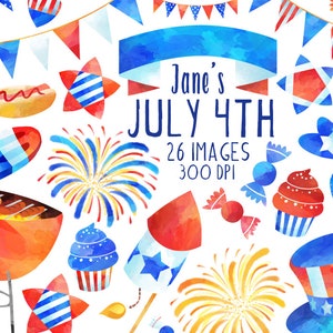 4 juillet Clipart - mignon 4 juillet téléchargement - téléchargement immédiat - clipart patriotique - barbecue - bruant - feux d'artifice - aquarelle 4 juillet