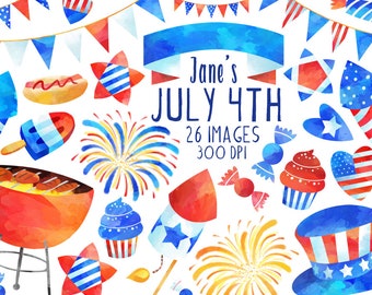 4th of July Clipart - Cute July Fourth Download - Instant Download - Patriotic Clipart - BBQ - Bunting - Fireworks - Watercolor July 4th