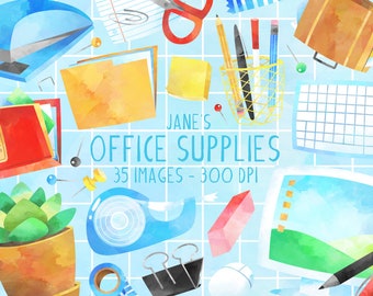 May include: A collection of watercolor illustrations of office supplies, including a stapler, folders, a pencil holder, a tape dispenser, a computer mouse, a pencil, a pen, a ruler, a notepad, a binder, a sticky note, push pins, paper clips, and a potted succulent plant. The text "JANE'S OFFICE SUPPLIES 35 IMAGES - 300 DPI" is also included in the image.