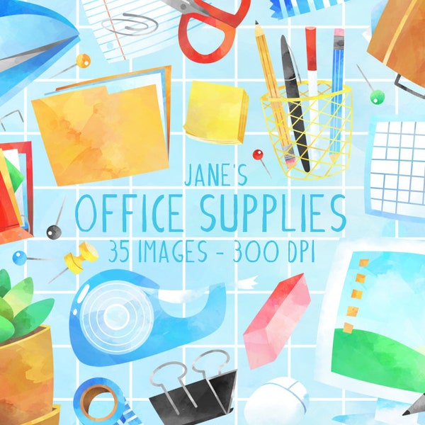 Watercolor Office Supplies Clipart -  Work Download - Instant Download - Teacher Supplies - Computer - Folder - Binder - Stapler - Business