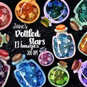 Clipart de estrelas em garrafas de aquarela - Download de estrelas de nebulosa - Download instantâneo - Cápsulas astrais ilustradas