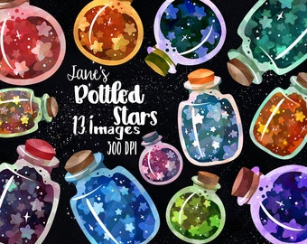 Watercolor Bottled Stars Clipart - Nebula Stars Download - Instant Download - Illustrated Astral Capsules