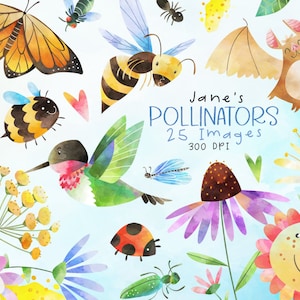 Clipart z akwarelowymi zapylaczami - Pobierz ogrodowe stworzenia - Natychmiastowe pobieranie - Koliber - Pszczoła - Osa - Kwiaty - Nietoperz - Motyl monarcha