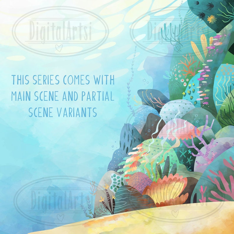 Puede incluir: Una ilustraci&oacute;n digital de una escena submarina colorida con arrecifes de coral, algas marinas y otras plantas acu&aacute;ticas. El texto "This series comes with main scene and partial scene variants" es visible en la imagen.