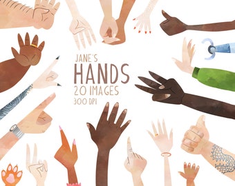 Watercolor Hands Clipart: Multicultural Graphics (Instant Download)