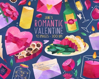 Watercolor Valentines Day Clipart - Valentines Download - Instant Download - Romantic Valentines Day - Lobster Dinner - Fancy Date Night