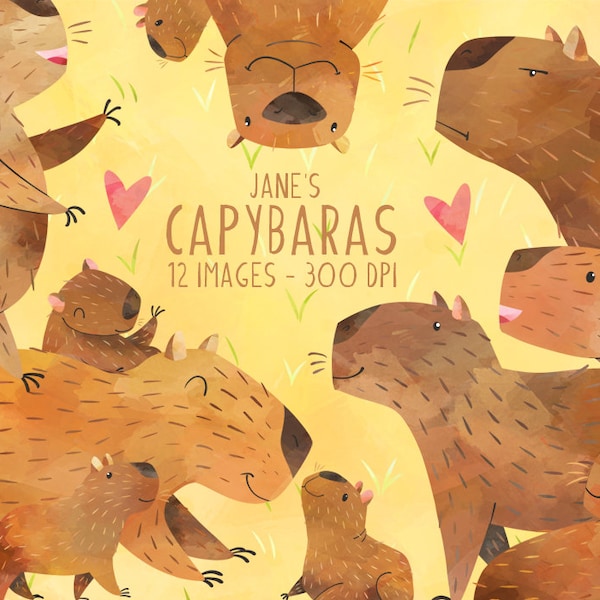 Watercolor Capybara Clipart - Capybara Download - Instant Download - Cute Capybaras - Pups - Rodent Species