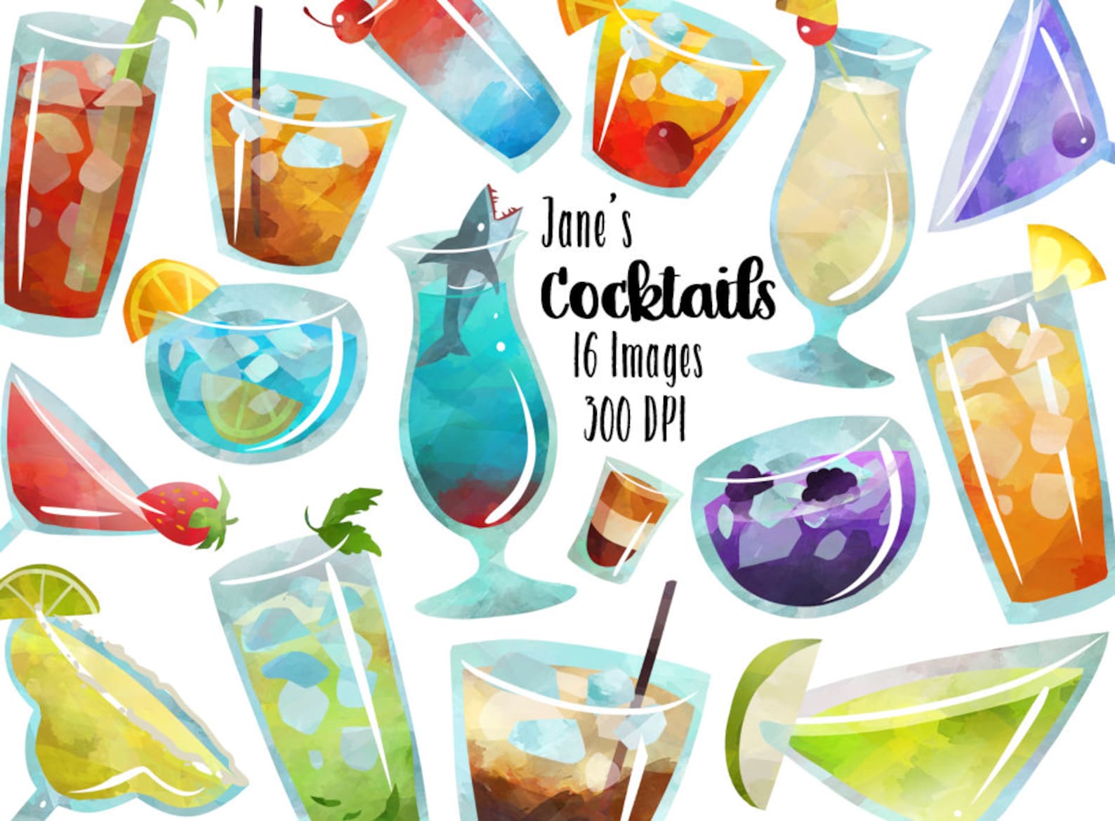 Watercolor Cocktails Clipart Mixed Drink Download Instant zdjęcie 0.