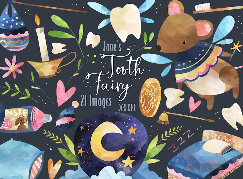 May include: A set of 21 watercolor illustrations featuring a tooth fairy theme. The illustrations include a tooth fairy, a tooth, a moon, a pillow, a candle, a toothbrush, a jar of toothpaste, a heart, a star, and a flower. The illustrations are in a whimsical style and are perfect for creating cards, invitations, or other crafts.