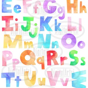 May include: Watercolor alphabet letters in various colors, including red, orange, yellow, green, blue, purple, and pink. Each letter is painted in a unique watercolor style, with soft edges and blended colors.