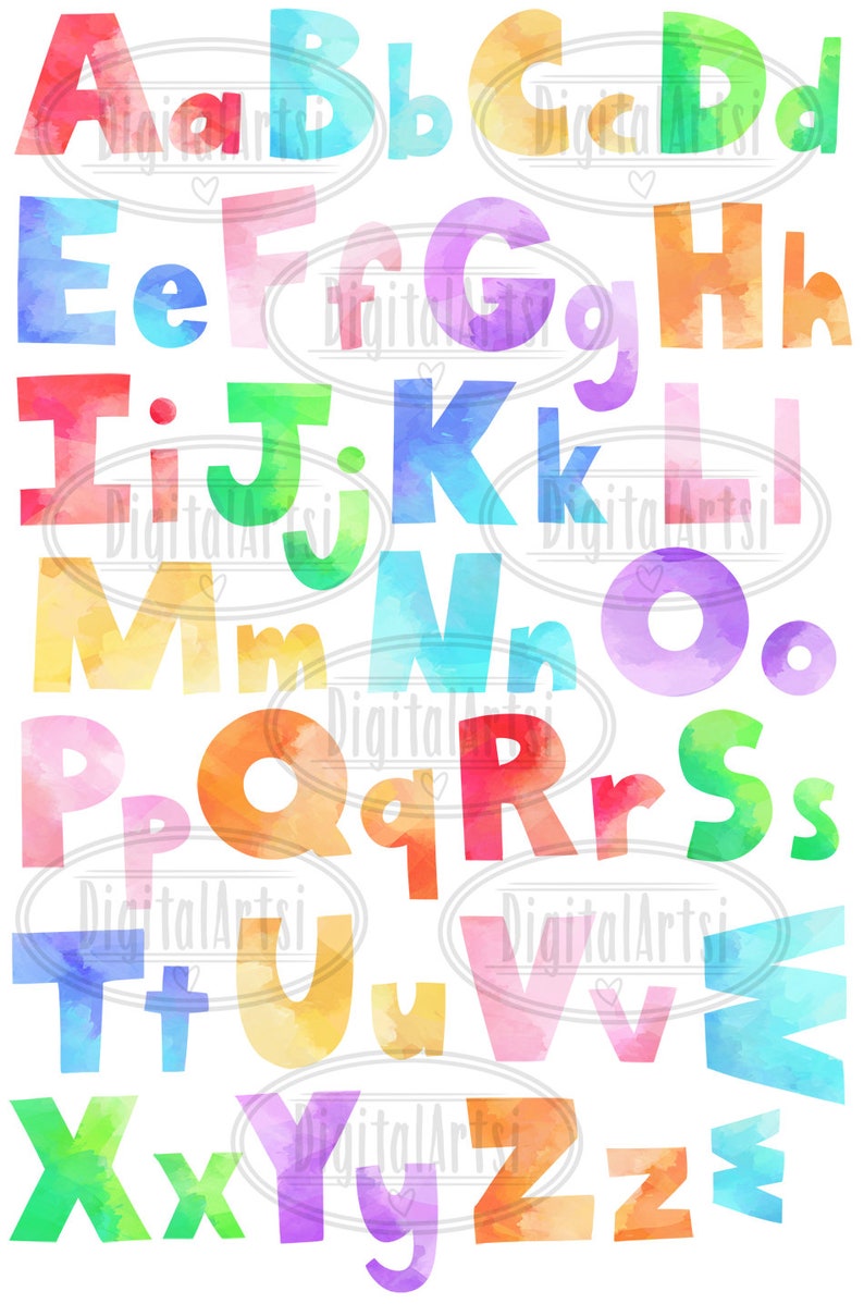 May include: Watercolor alphabet letters in various colors, including red, orange, yellow, green, blue, purple, and pink. Each letter is painted in a unique watercolor style, with soft edges and blended colors.