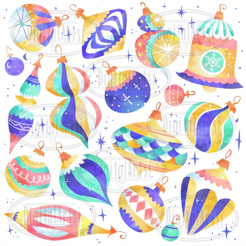 Puede incluir: Un conjunto de 15 ilustraciones de acuarela de adornos navide&ntilde;os vintage. Los adornos son de varias formas y colores, incluyendo azul, amarillo, verde, rojo y rosa. Est&aacute;n decorados con patrones geom&eacute;tricos y estrellas.