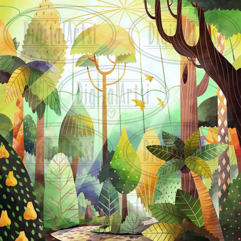 K&ouml;nnte beinhalten: Eine lebendige, stilisierte Illustration einer Waldszene. Das Kunstwerk zeigt eine Vielzahl von B&auml;umen in Gr&uuml;n-, Gelb- und Braunt&ouml;nen, mit einem Pfad, der sich durch die Mitte schl&auml;ngelt. Drei gelbe V&ouml;gel fliegen, und die Sonne scheint durch das Bl&auml;tterdach.