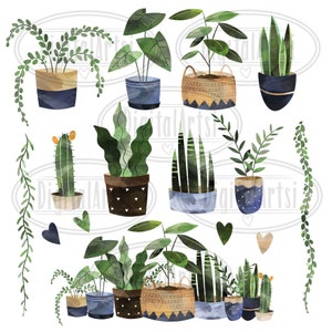May include: A collection of watercolor illustrations of potted plants. The plants are in various styles and colors, including green, blue, and brown. The illustrations are perfect for adding a touch of nature to any project.