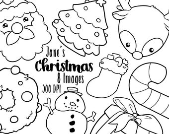 Kawaii Christmas Stamps Clipart - Christmas Download - Santa - Rudolf - Candy Cane - Snowman - Present - Wreath - Coloring Supplies