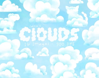 Watercolor Clouds Clipart -  Cloud Download - Instant Download - Fluffy White Clouds - Cumulonimbus - Nimbus - Commercial Use