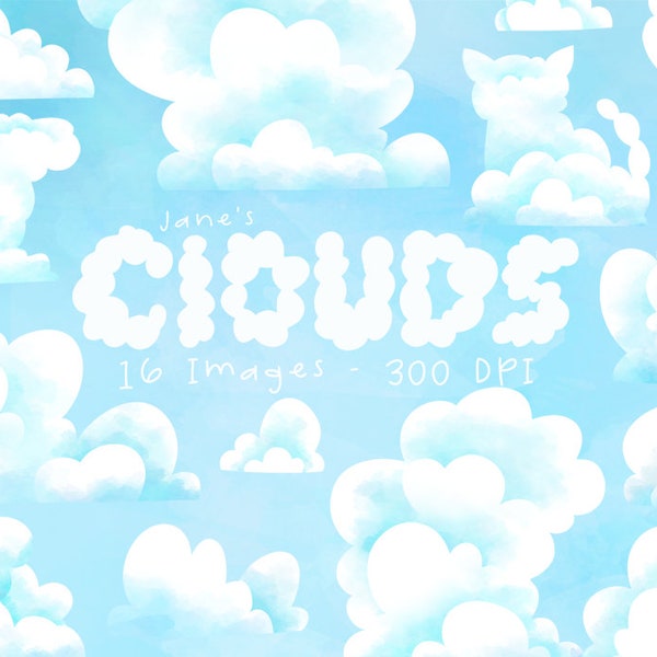Watercolor Clouds Clipart -  Cloud Download - Instant Download - Fluffy White Clouds - Cumulonimbus - Nimbus - Commercial Use