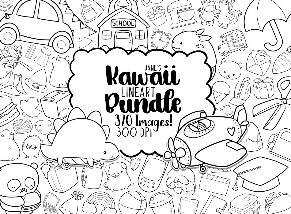 Kawaii Line Art Clipart Bundle: 370 Black and White Doodles (Digital Download)