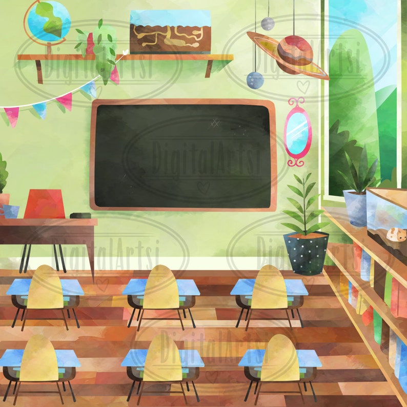 May include: A watercolor illustration of a classroom with a chalkboard, desks, and chairs. There are plants, a globe, and a bookshelf with books in the room. The walls are green and the floor is wood.