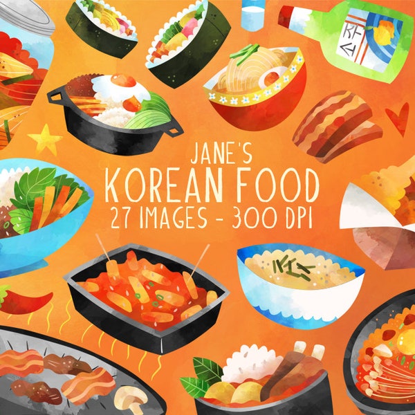 Watercolor Korean Food Clipart - Digital Download - Kimchi - banchan - Galbi - Korean BBQ - Tteokbokki - Bibimbap - Kimbap - Bulgogi