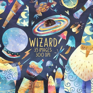 Puede incluir: Un conjunto de 35 ilustraciones de acuarela que representan a un mago, una botella de poción mágica, una bola de cristal, un libro, una libélula, hongos y otros elementos mágicos. Las imágenes están en un estilo caprichoso con una gama de colores azul, amarillo y dorado.