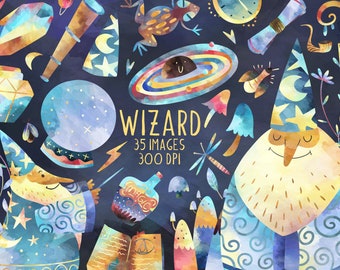 Watercolor Wizard Clipart - Wizard Download - Instant Download - Fantasy - Magic - Spells - Astronomy - Mushrooms