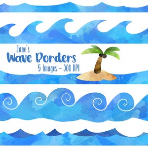 Clipart de bordas de ondas - Clipart de ondas em aquarela - Clipart de ondas do oceano - Download de padrão repetível - Download instantâneo - Ondas contínuas
