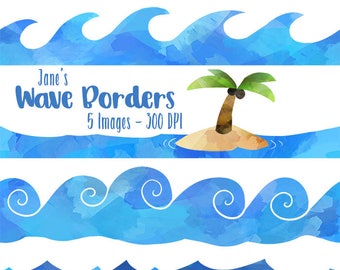 Wave Borders Clipart - Watercolor Waves Clipart - Ocean Waves Clipart - Repeatable Pattern Download - Instant Download - Seamless Waves