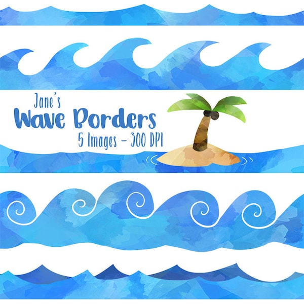 Wave Borders Clipart - Watercolor Waves Clipart - Ocean Waves Clipart - Repeatable Pattern Download - Instant Download - Seamless Waves