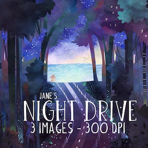 Clipart di un viaggio notturno ad acquerello - Download di ambiente - Download immediato - Foresta - Bosco - Stravagante - Fantasy - Misterioso - Disegnato a mano