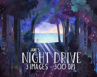 Watercolor Night Drive Clipart - Environment Download - Instant Download - Forest - Woods - Whimsical - Fantasy - Mysterious