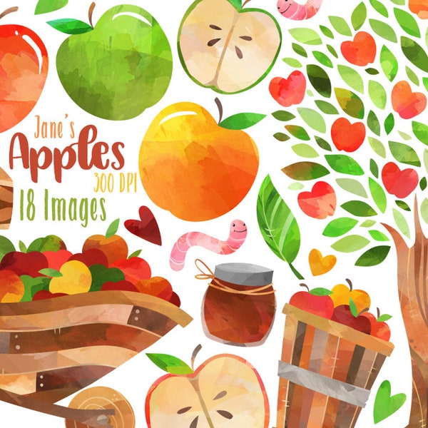 Watercolor Apples Clipart - Pomme Download - Instant Download - Apple Tree - Wheel Barrow - Basket - Teachers day - Pie - Fruit