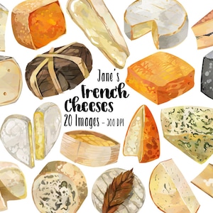 Clipart aquarelle de fromages français - téléchargement de fromages français - téléchargement immédiat - brie - roquefort - mimolette - fromage - fromage bleu