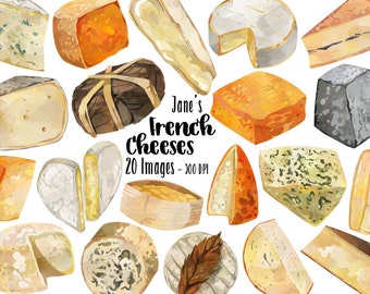 Clipart de queso francés en acuarela: 20 imágenes PNG (descarga digital)
