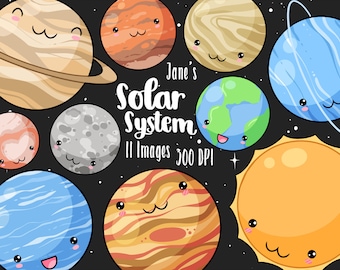 Kawaii Planets Clipart - Cute Solar system Download - Instant Download - Earth - Mars - Saturn - Jupiter - Venus - Pluto - Neptune - Uranus