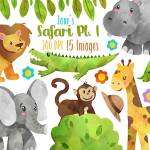 Clipart de animais de safári em aquarela - Download de animais selvagens - Download instantâneo - Elefante fofo em aquarela, girafa, camaleão, hipopótamo e muito mais!
