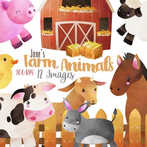 May include: A set of 12 watercolor illustrations of farm animals, including a pig, sheep, duck, cow, donkey, goat, horse, and a chicken. The illustrations are in a cartoon style and are perfect for use in digital scrapbooking, card making, and other craft projects. The text "Jane's Farm Animals 300 DPI 12 Images" is included in the image.