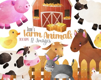 Clipart aquarelle animaux de la ferme : cheval, cochon, poulet (téléchargement numérique)
