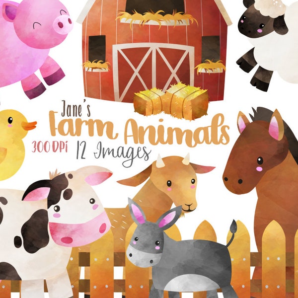 Watercolor Farm Animals Clipart - Domestic Animals Download - Instant Download - Watercolor Horse, Donkey, Chicken, Pig, and More!