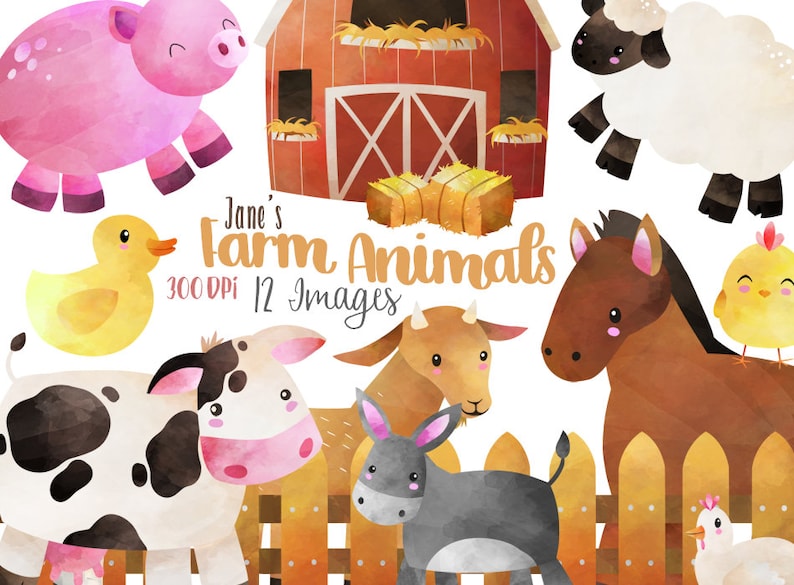 May include: A set of 12 watercolor illustrations of farm animals, including a pig, sheep, duck, cow, donkey, goat, horse, and a chicken. The illustrations are in a cartoon style and are perfect for use in digital scrapbooking, card making, and other craft projects. The text "Jane's Farm Animals 300 DPI 12 Images" is included in the image.