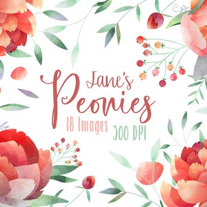 Watercolor Peonies Clipart: Red Floral Borders (Digital Download)