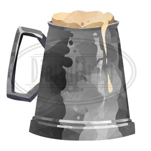 Puede incluir: Una ilustraci&oacute;n de acuarela de una jarra de cerveza plateada con una cerveza de color marr&oacute;n claro espumosa en su interior. La jarra tiene un asa y un cuerpo redondeado.