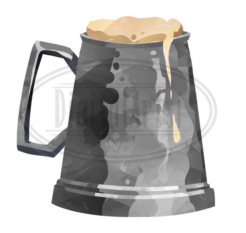 Puede incluir: Una ilustraci&oacute;n de acuarela de una jarra de cerveza plateada con una cerveza de color marr&oacute;n claro espumosa en su interior. La jarra tiene un asa y un cuerpo redondeado.