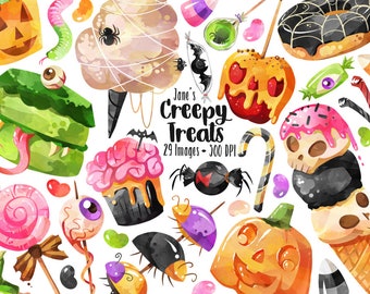 Clipart de dulces de Halloween en acuarela: Dulces espeluznantes (PNG, dibujados a mano)