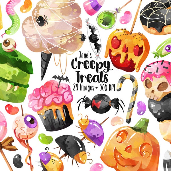 Watercolor Halloween Candy Clipart - Creepy Treats Download - Instant Download - Halloween - Spooky - Halloween Candy - Halloween Clipart